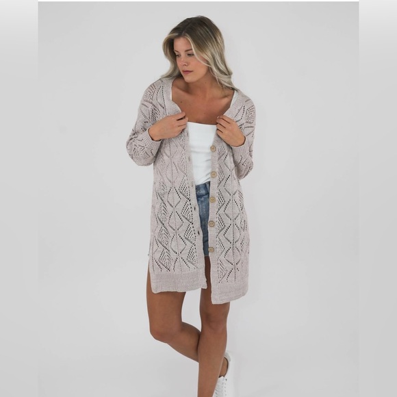 Open Knit Long Cardigan Sweater L Taupe Beige... - Picture 1 of 9